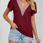 Zeagoo Zeagoo Women's Contrast Lace Trim V Neck Blouses Petal Short Sleeve Tunic Loose Casual Soft Shirts