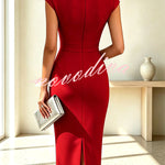 Elegant Solid Color Floral Embellished Pleated Waist Short Sleeve Midi Dress