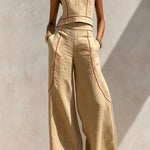 Elysia Contrast-Stitch Linen Two-Piece Set