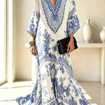 Blue and White Porcelain Print V-Neck Wide Sleeve Cover-up Maxi Dress
