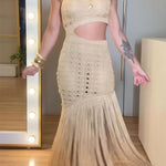 Refresh Style Knit Hollow Out One Shoulder Cutout Waist Tassel Hem Maxi Dress