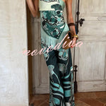 Aurie Satin Unique Artistic Print Tassel Trim Scarf Top and Elastic Waist Pocket Loose Pants Set