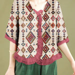 Fashion Red Ruffled Button Patchwork Linen Blouse Top Summer