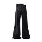 Dark Waxed Coated Ribbon Slightly Flared Mopping Stacked Denim Trousers