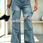 Chic Style Denim Decorative Button-stud Detail High Rise Pocket Loose Jeans