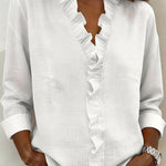 Solid Color Ruffled V-neck Long-sleeved Loose Casual Shirt