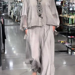 Melissa V-neck Sheer Batwing Sleeve Loose Blouse and Elastic Waist Pocketed Bell Hem Pants Set