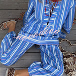 Althea Striped Print Lace-up Neck Long Sleeve Top and Elastic Waist Pocket Lantern Pants Set