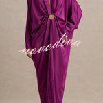 Tina Satin Plunge V-neck Gold Trim Detail Long Batwing Sleeve Maxi Dress