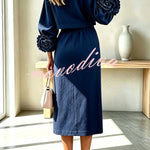Linen Blend Flowers Buttons Floral Cuffs Sleeve Top and Elastic Waist Pocket Midi Skirt Set