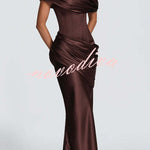 Ella Satin Detachable Asymmetric Off Shoulder Drape Panel Back Lace-up Maxi Dress