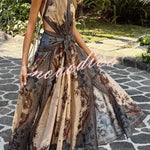Chapel Linen Blend Floral Print Cutout Tie-up Waist Pocket Halter Backless Maxi Dress