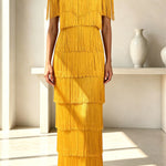 Elowyn Mesh Tiered Tassel Patchwork Round Neck Cape Sleeve Midi Dress