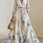 Spring New White Pleated Chiffon V Neck Floral Long Sleeve Balloon Sleeve A-Line Maxi Dress