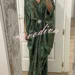 Airy Satin Unique Print V-neck Gemstone Embellished Drape Robe Maxi Dress