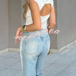 Elegant Street Style Denim Crochet Lace Trim High Rise Pocket Wide Leg Jeans