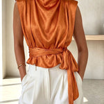 L'Aura Padded-Shoulder Wrap-Around Satin Top