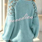 Faux Mink Knit Crochet Flowers Shoulder Wide Neck Long Sleeve Loose Sweater