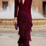 Elegant Night V-Neck Long Sleeve Layered Tassel Hem Maxi Dress