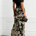 Classic 3D Floral Embroidery Off The Shoulder Short Sleeve Sheath Midi Dress