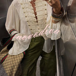 French Romantic Metal Button-down Pleated Ruffle Sleeve Napoleon Shirt