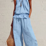 Linen Blend Round Neck Sleeveless Ruffled Top and Elastic Waist Casual Pocket Wide-leg Pants Set