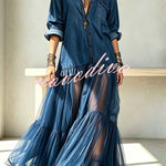 Retro-style Faux Denim Long Sleeve Pocket Tulle Hem Shirt Maxi Dress