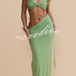 Emara Stretch Mesh Hand Beaded Trim Gathered Sweetheart Crop Halter Vacation Tank