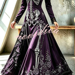 Royal-style Halloween Skull Print Square Neck Long Sleeve Flare Maxi Dress