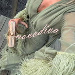 Geisha Lightweight Crepe Feather Trim Sleeve Ruched Waist Slit Maxi Dress