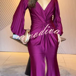 Raise A Toast Satin Long Balloon Sleeve Twist Waist Slit Maxi Dress