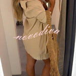 Sorena Linen Blend Button Up Long Sleeve Midi Blouse and Tassel Trim Warp Cover-up Mini Dress Set
