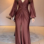 Raise A Toast Satin Long Balloon Sleeve Twist Waist Slit Maxi Dress