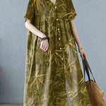 Plus Size Grey Retro Button Summer Print Half Sleeve Maxi Dress