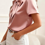 Solid Color Satin Collared Short-sleeved Tie Bow Casual Shirt