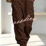 Street Style Solid Color High Waist Pocketed Loose Fit Cargo Pants