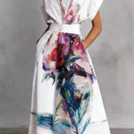 Fashionable Art Print Collared Short Sleeve Casual Pocket Midi Dress