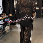 Mix Fashion Lace Striped Trim Short Sleeve Button Shirt and Elastic Waist Pocket Loose Pants Set