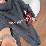 High Level Striped High Neck Long Slit Sleeve Top and Elastic Waist Pocket Loose Pants Set