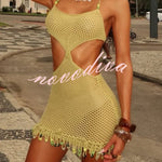 Fashionable Openwork Knit Halter Neck Tie Slim Fit Cover-up Mini Dress