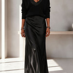 Velma Ribbed Knit V-neck Long Sleeve Relaxed Sweater and Satin Slip Midi Dress