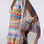 Casie Knit Colorful Zigzag Pattern Fringe Trim Cover-up Vacation Maxi Dress