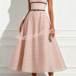 Stardust Plaid and Sequin Bow Patchwork Detail Strapless A-line Midi Dress