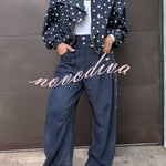 Kadence Denim Side Metal Hollow Ring Detail Pocket Lantern Pants