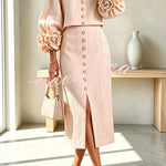 Linen Blend Flowers Buttons Floral Cuffs Sleeve Top and Elastic Waist Pocket Midi Skirt Set