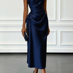 Satin One-shoulder Pleated Waist Elegant Midi Dress