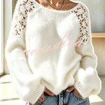 Faux Mink Knit Crochet Flowers Shoulder Wide Neck Long Sleeve Loose Sweater
