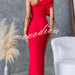 Fashionable Mesh Sleeveless One-shoulder Waist-revealing Maxi Dress