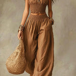 Olive Gypsy  pleated crop top and high-waisted wide-leg pants set