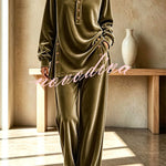 Velvet Button Detail Shirt Neck Top and Elastic Waist Pocket Wide Leg Pants Set